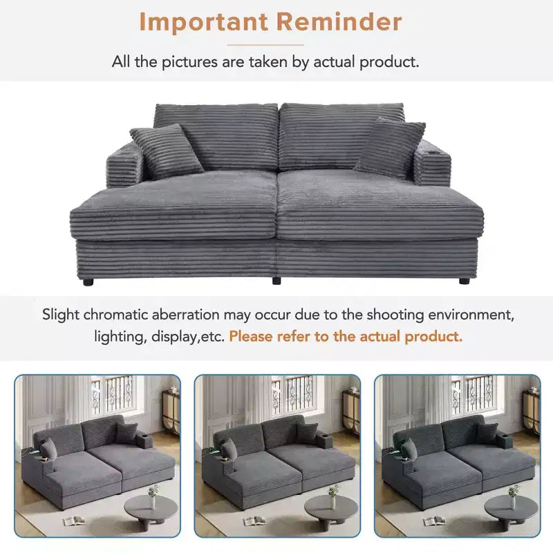 Divano componibile oversize da 220 cm con chaise longue, porte USB e portabicchieri