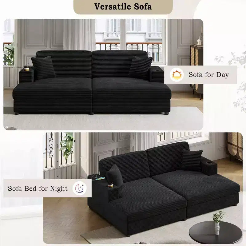 Divano componibile oversize da 220 cm con chaise longue, porte USB e portabicchieri