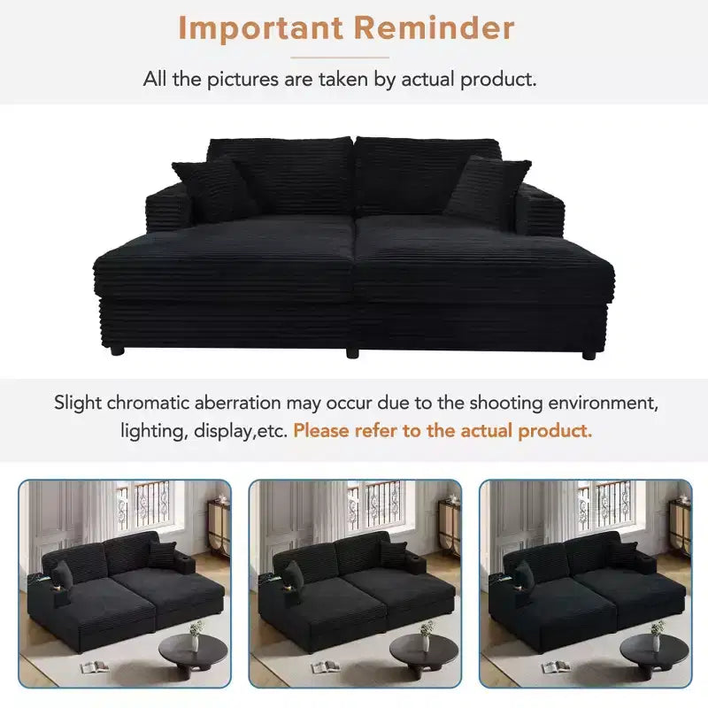 Divano componibile oversize da 220 cm con chaise longue, porte USB e portabicchieri