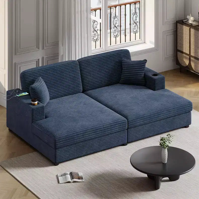 Divano componibile oversize da 220 cm con chaise longue, porte USB e portabicchieri
