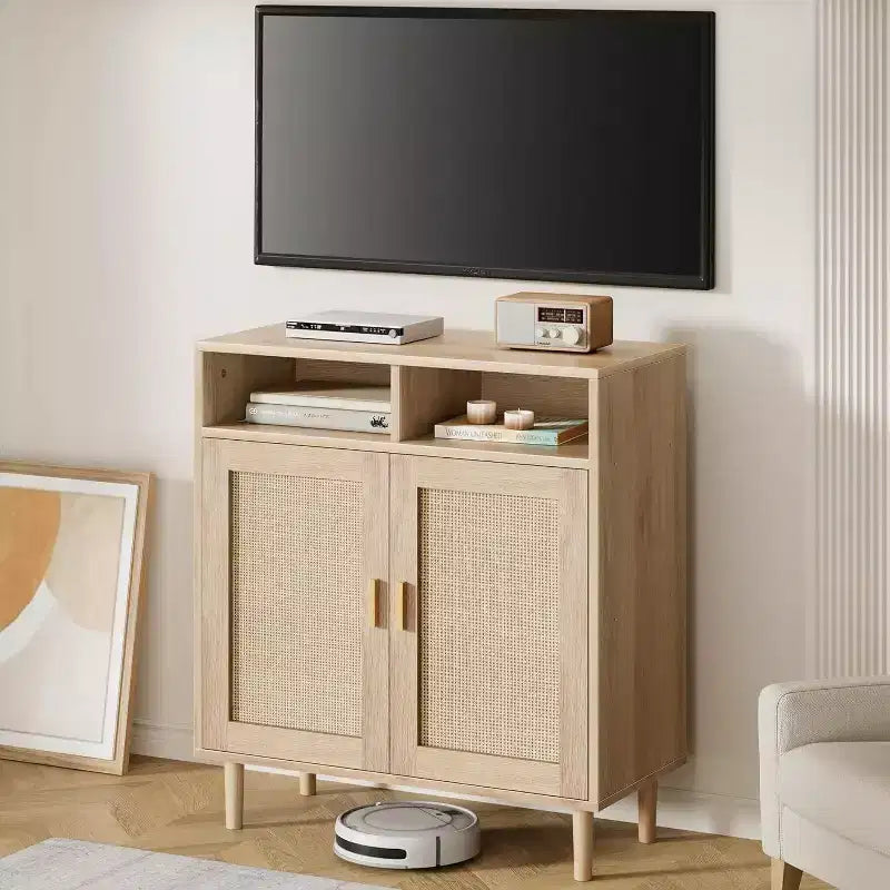 Credenza con 2 ante e ripiano aperto in stile rattan