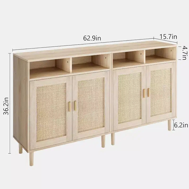 Credenza con 2 ante e ripiano aperto in stile rattan