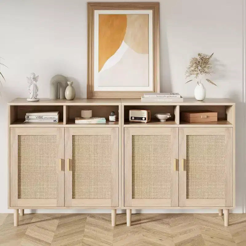 Credenza con 2 ante e ripiano aperto in stile rattan