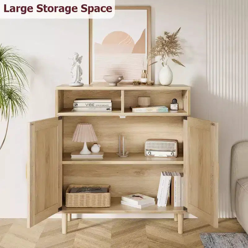 Credenza con 2 ante e ripiano aperto in stile rattan