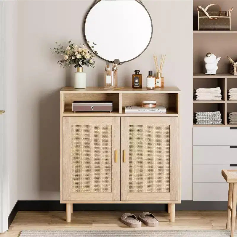 Credenza con 2 ante e ripiano aperto in stile rattan