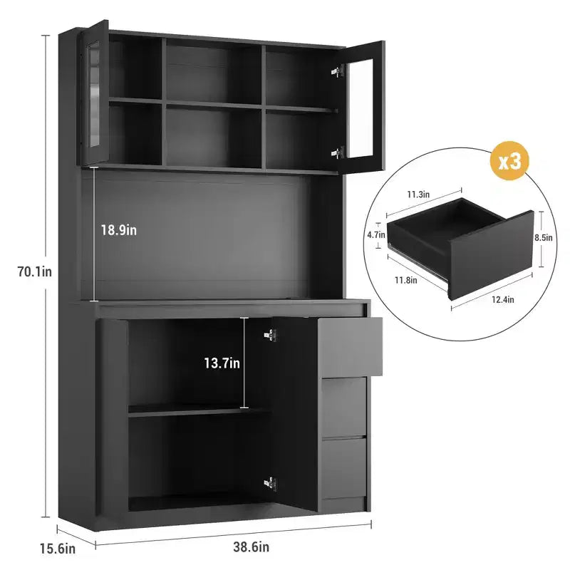 Dispensa da Cucina Alta 71" con Luci a LED, Prese di Corrente e Anta in Vetro