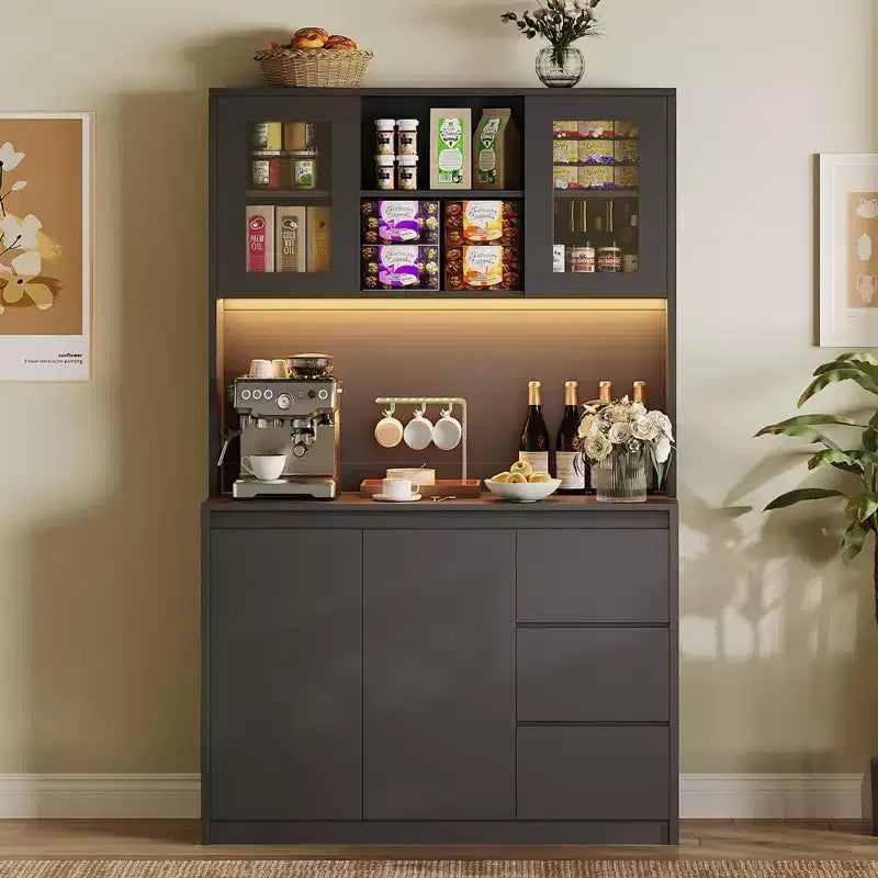 Dispensa da Cucina Alta 71" con Luci a LED, Prese di Corrente e Anta in Vetro