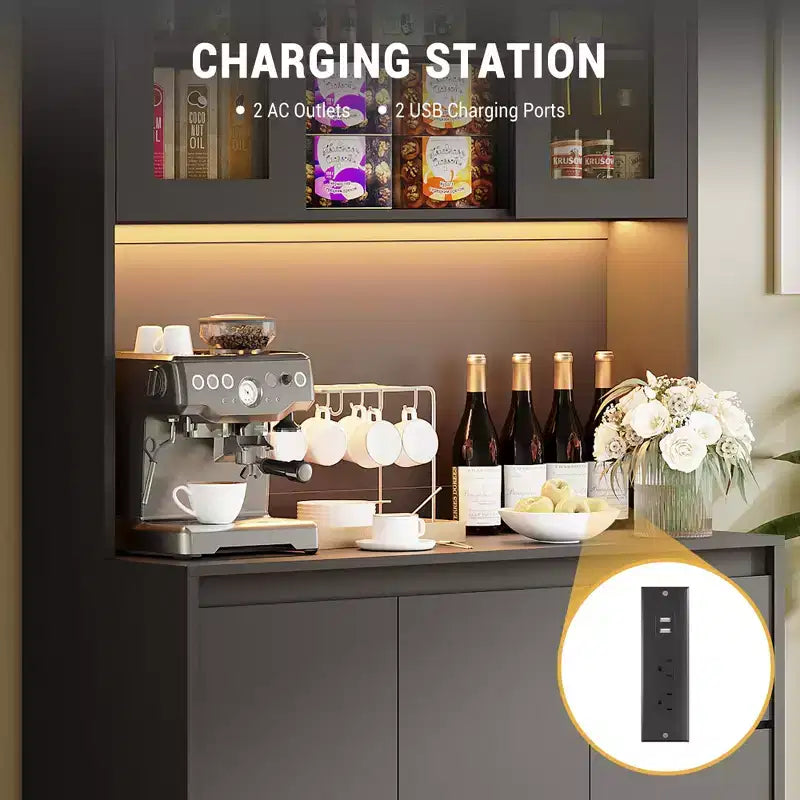 Dispensa da Cucina Alta 71" con Luci a LED, Prese di Corrente e Anta in Vetro