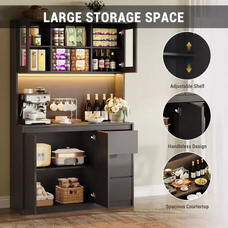 Dispensa da Cucina Alta 71" con Luci a LED, Prese di Corrente e Anta in Vetro