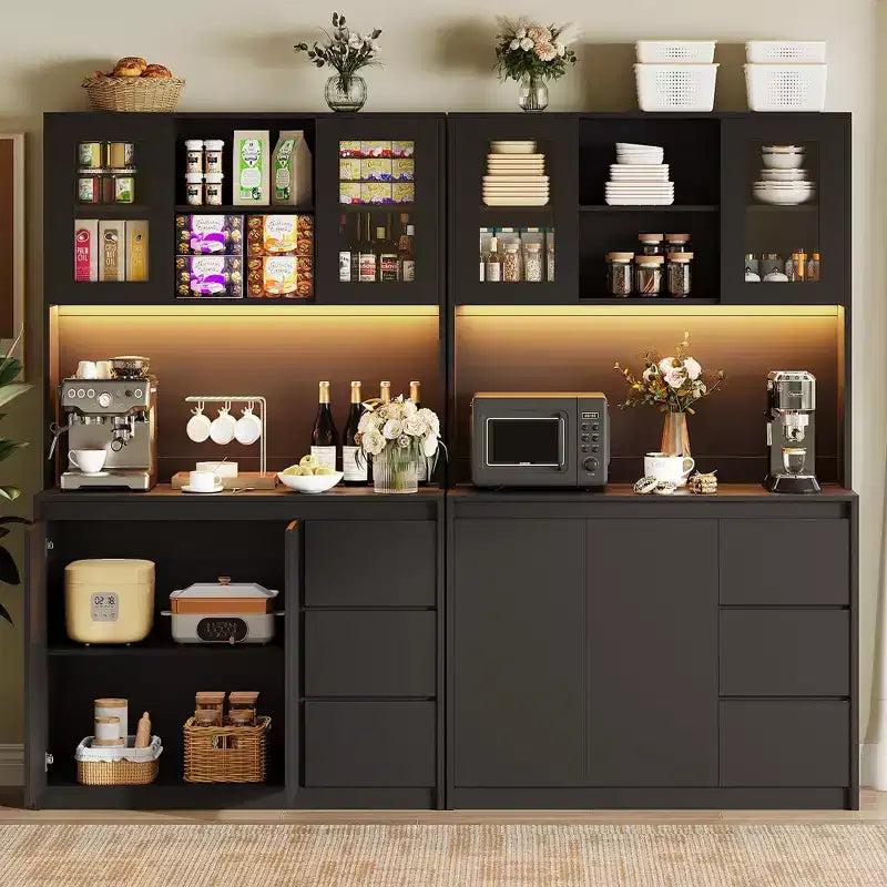 Dispensa da Cucina Alta 71" con Luci a LED, Prese di Corrente e Anta in Vetro