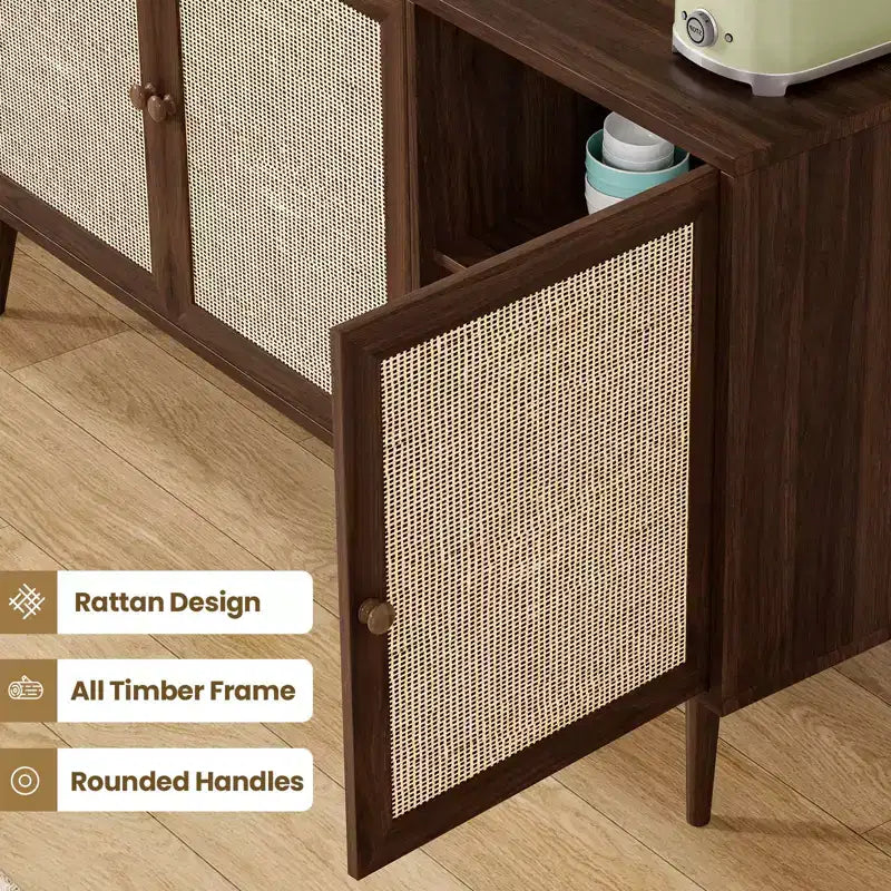 Mobiletto portaoggetti con ante in rattan e gambe regolabili