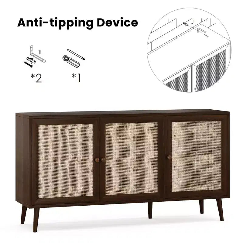 Mobiletto portaoggetti con ante in rattan e gambe regolabili