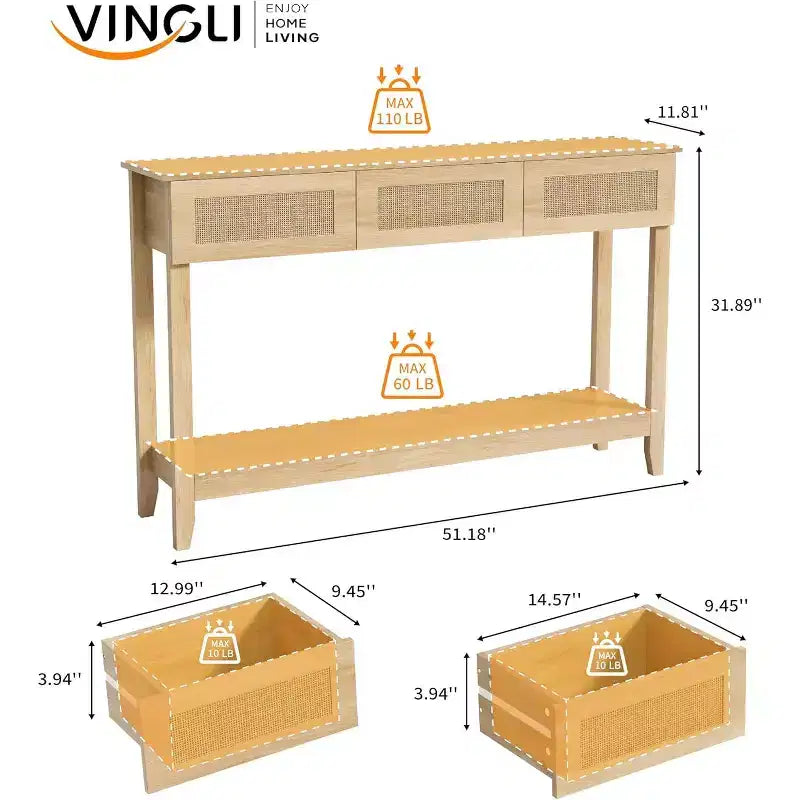 Tavolo Console da 51 Pollici con Cassetti e Ripiano in Rattan