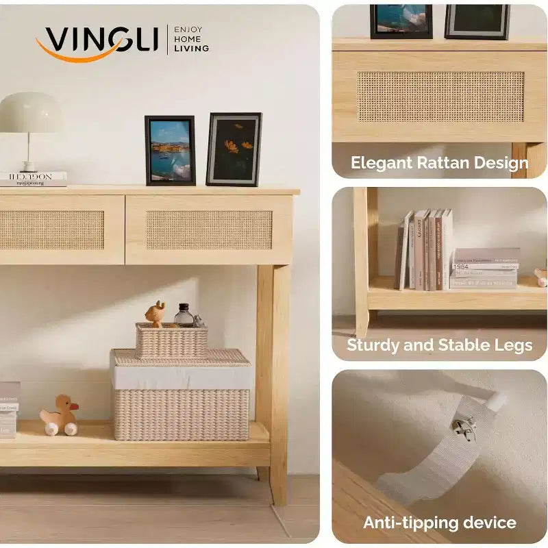 Tavolo Console da 51 Pollici con Cassetti e Ripiano in Rattan