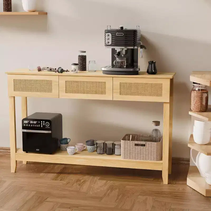 Tavolo Console da 51 Pollici con Cassetti e Ripiano in Rattan