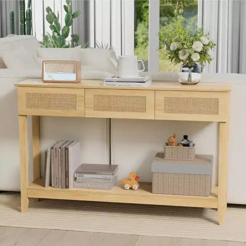 Tavolo Console da 51 Pollici con Cassetti e Ripiano in Rattan