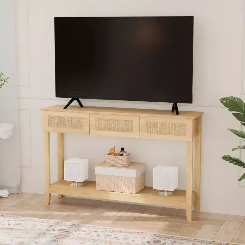 Tavolo Console da 51 Pollici con Cassetti e Ripiano in Rattan