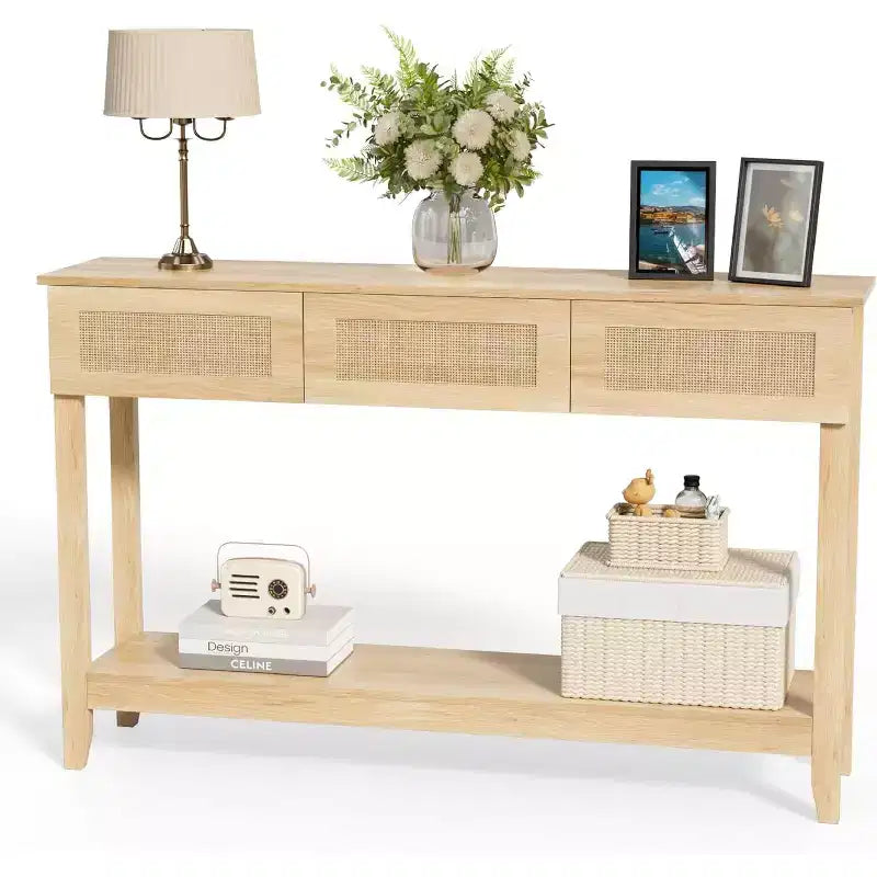 Tavolo Console da 51 Pollici con Cassetti e Ripiano in Rattan