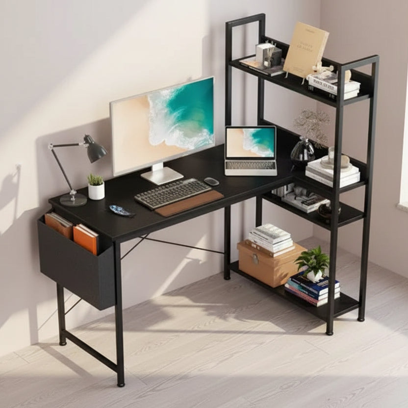 Okak Modern Reversible L-shaped Computer Desk with Standing Adjustable Bookshelf,Teens Student Storage Writing Desk for Study,Office