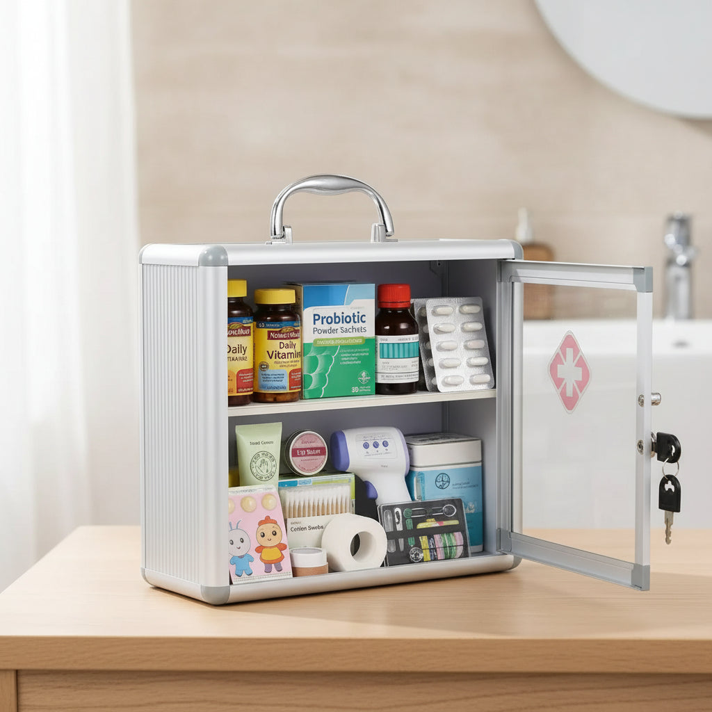Wall Mount Medicine Cabinet with Combination Lock and Handle Locking,Protable First Aid Cabinet Wall Mount with Sticker