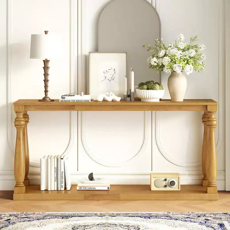Console in legno con gambe a vaso e ripiano di base
