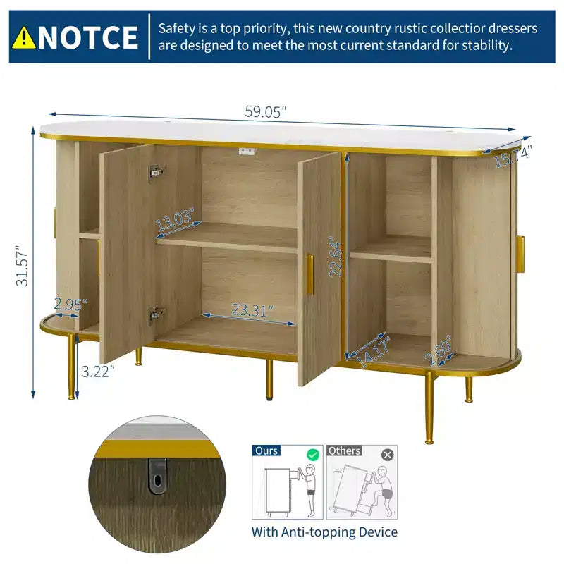 Credenza a buffet scanalata da 59 pollici con gambe in metallo