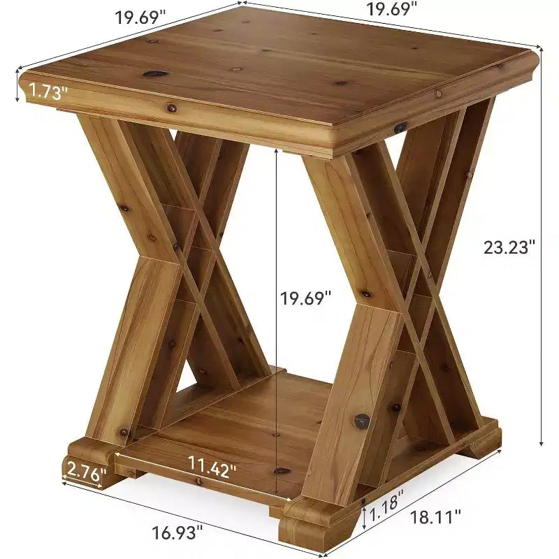 Tavolino a 2 piani in legno massello con gambe a X