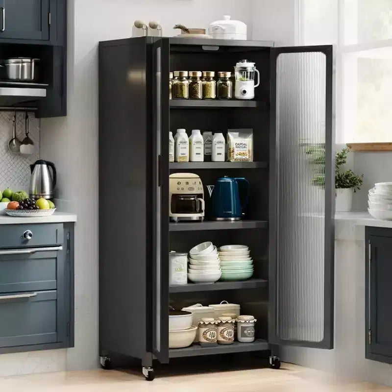 Dispensa a 5 ripiani in metallo con ante a ribalta e ruote