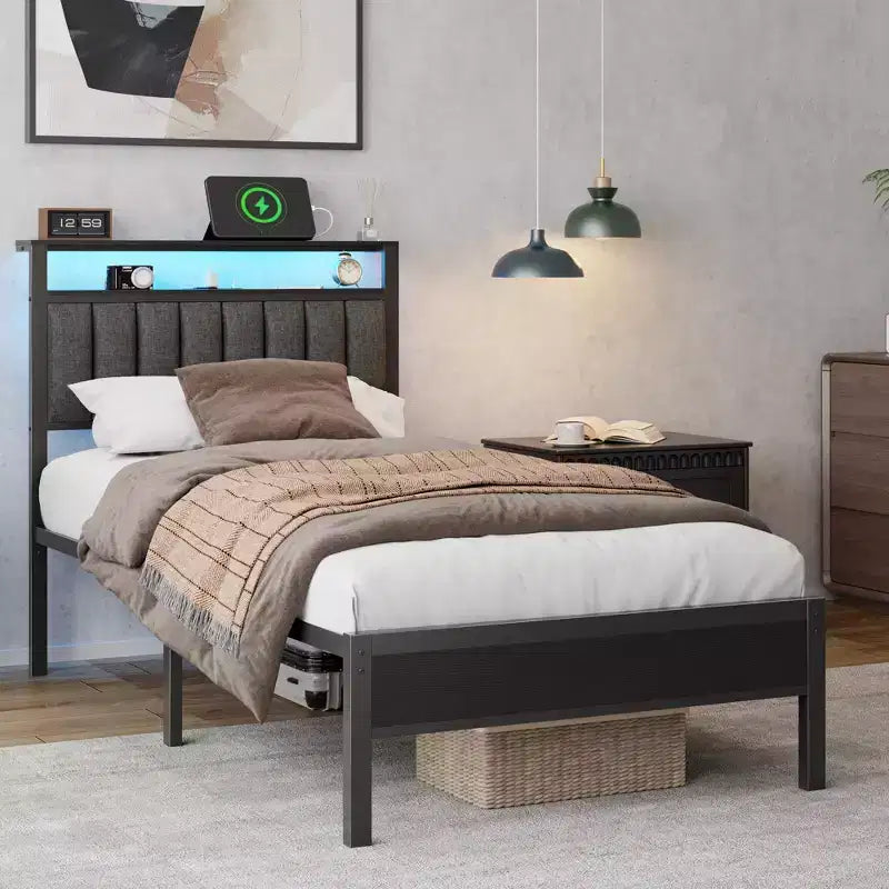 Struttura Letto Singolo con Luci LED e Stazione di Ricarica