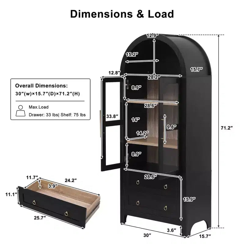 Mobile dispensa da cucina ad arco alto 180 cm con ante in vetro, ripiani regolabili e 2 cassetti