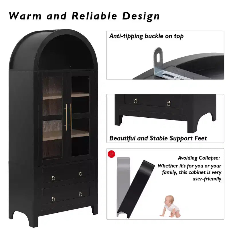 Mobile dispensa da cucina ad arco alto 180 cm con ante in vetro, ripiani regolabili e 2 cassetti