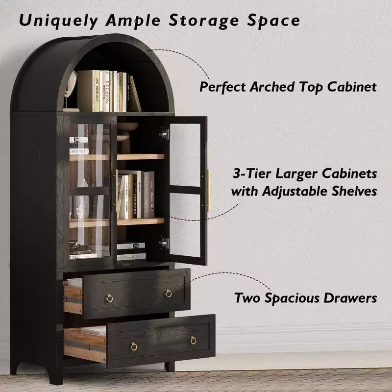 Mobile dispensa da cucina ad arco alto 180 cm con ante in vetro, ripiani regolabili e 2 cassetti