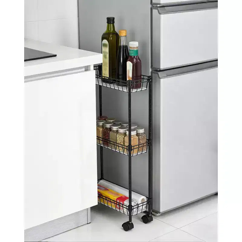 Carrello portaoggetti sottile, organizer regolabile in metallo con ruote per bagno, cucina, soggiorno e piccoli spazi, nero