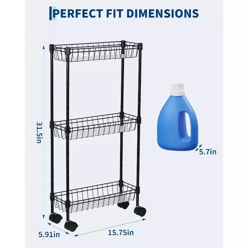 Carrello portaoggetti sottile, organizer regolabile in metallo con ruote per bagno, cucina, soggiorno e piccoli spazi, nero