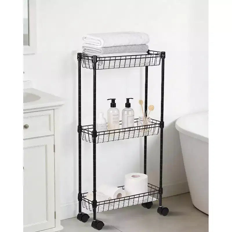 Carrello portaoggetti sottile, organizer regolabile in metallo con ruote per bagno, cucina, soggiorno e piccoli spazi, nero