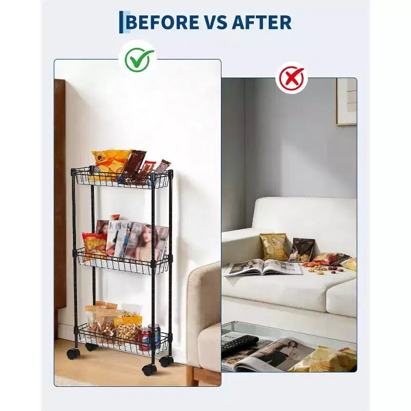 Carrello portaoggetti sottile, organizer regolabile in metallo con ruote per bagno, cucina, soggiorno e piccoli spazi, nero