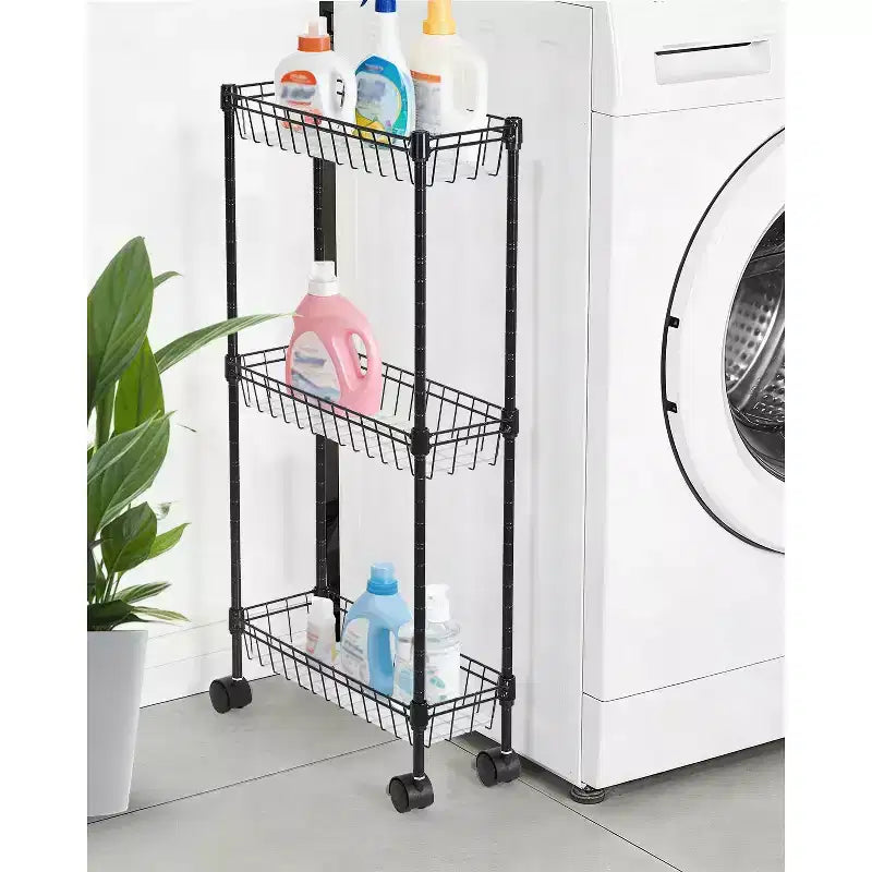 Carrello portaoggetti sottile, organizer regolabile in metallo con ruote per bagno, cucina, soggiorno e piccoli spazi, nero