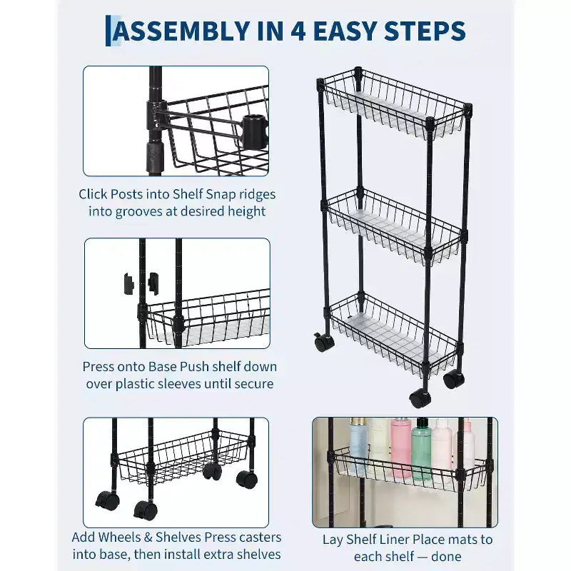 Carrello portaoggetti sottile, organizer regolabile in metallo con ruote per bagno, cucina, soggiorno e piccoli spazi, nero