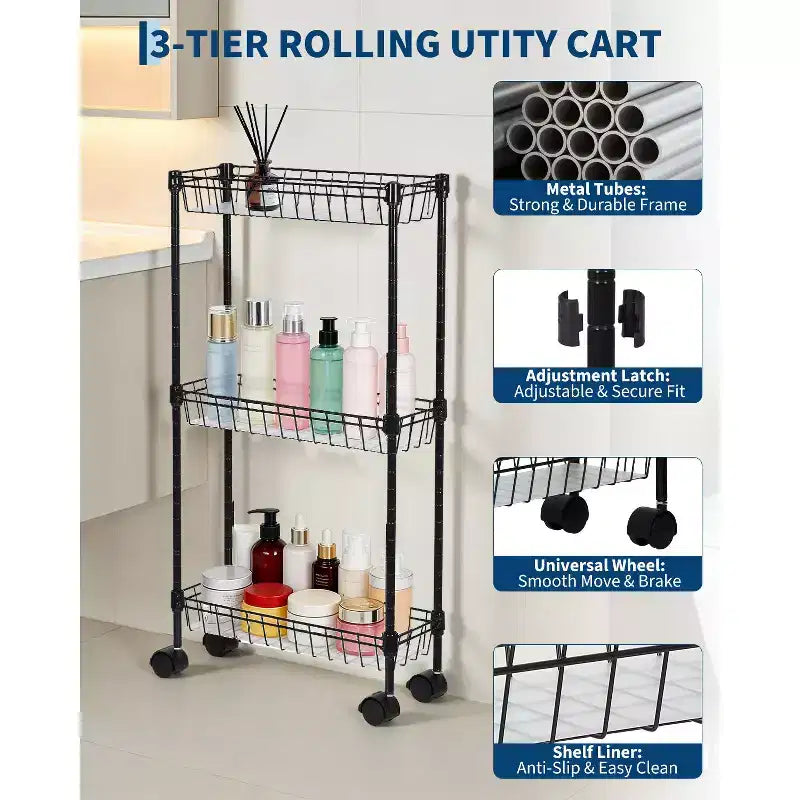 Carrello portaoggetti sottile, organizer regolabile in metallo con ruote per bagno, cucina, soggiorno e piccoli spazi, nero