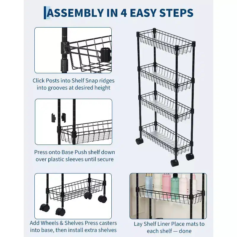 Carrello portaoggetti sottile, organizer regolabile in metallo con ruote per bagno, cucina, soggiorno e piccoli spazi, nero