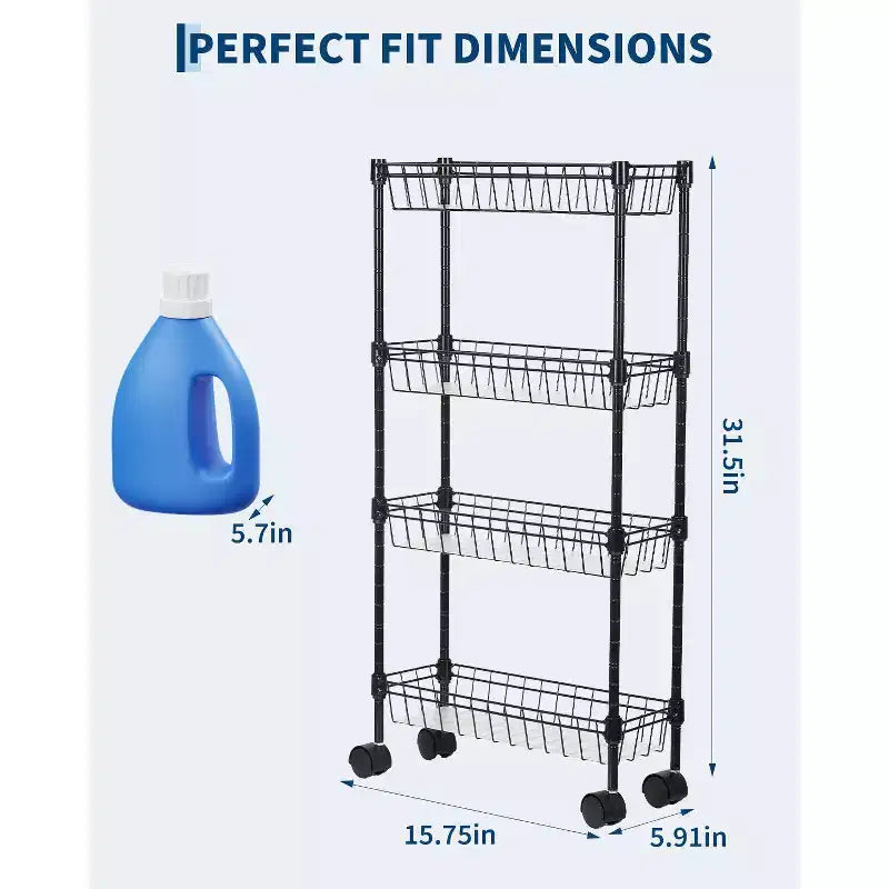 Carrello portaoggetti sottile, organizer regolabile in metallo con ruote per bagno, cucina, soggiorno e piccoli spazi, nero