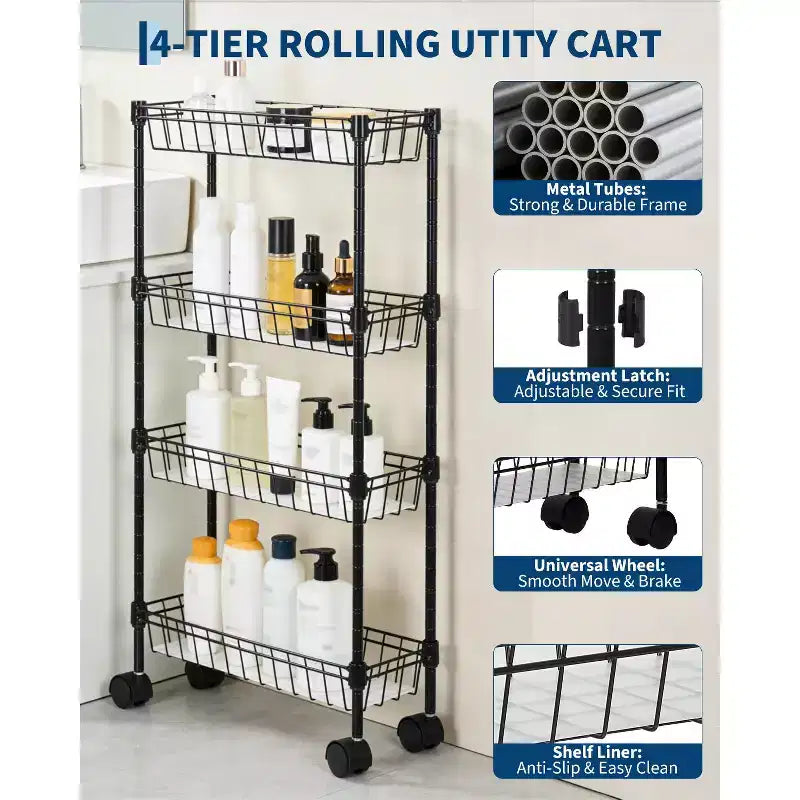 Carrello portaoggetti sottile, organizer regolabile in metallo con ruote per bagno, cucina, soggiorno e piccoli spazi, nero
