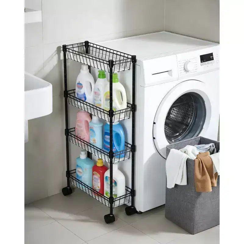 Carrello portaoggetti sottile, organizer regolabile in metallo con ruote per bagno, cucina, soggiorno e piccoli spazi, nero