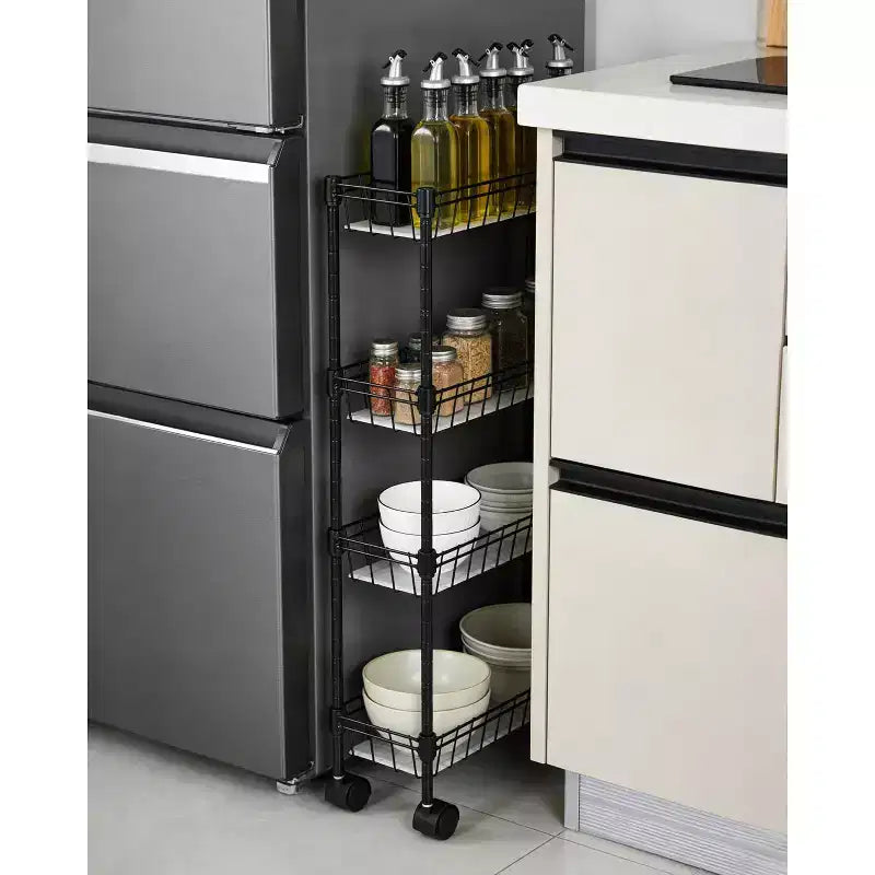 Carrello portaoggetti sottile, organizer regolabile in metallo con ruote per bagno, cucina, soggiorno e piccoli spazi, nero