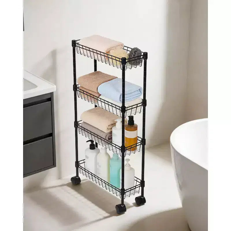 Carrello portaoggetti sottile, organizer regolabile in metallo con ruote per bagno, cucina, soggiorno e piccoli spazi, nero