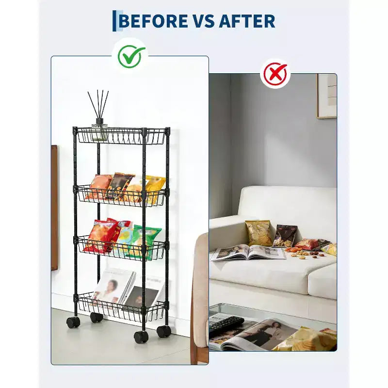 Carrello portaoggetti sottile, organizer regolabile in metallo con ruote per bagno, cucina, soggiorno e piccoli spazi, nero