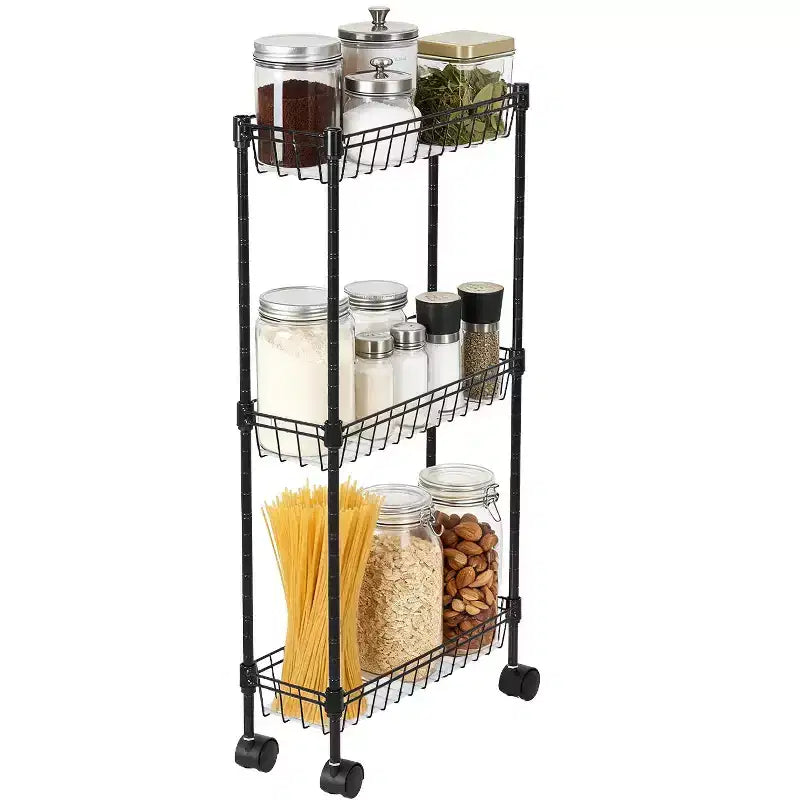 Carrello portaoggetti sottile, organizer regolabile in metallo con ruote per bagno, cucina, soggiorno e piccoli spazi, nero