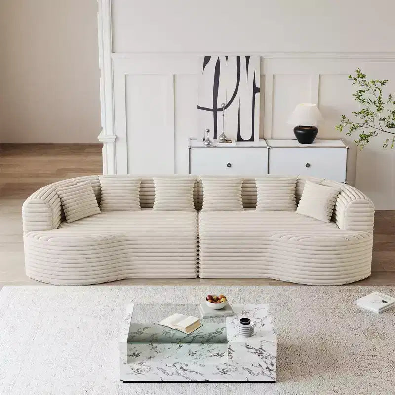 Clihome 106.3 4-Seater Corduroy Sofa, Curved Sectional Sofa with 6 Cushions