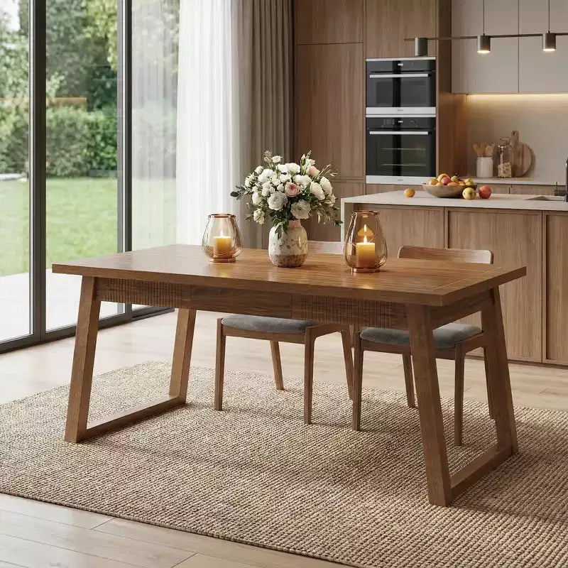 MAYEERTY 55 Rectangular Dining Table, Solid Wood Leg Table with Drawer for 4-6 People