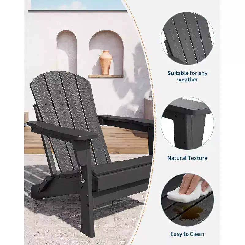 Set di 2 sedie Adirondack pieghevoli con tavolino laterale, in HDPE effetto legno, capacità 170 kg, set da esterno resistente alle intemperie per patio, ponte, braciere